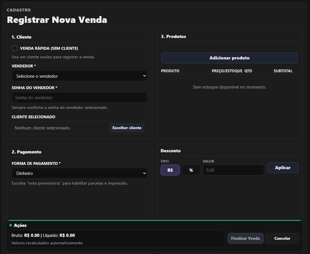 Cadastro de venda no Optmus Custom